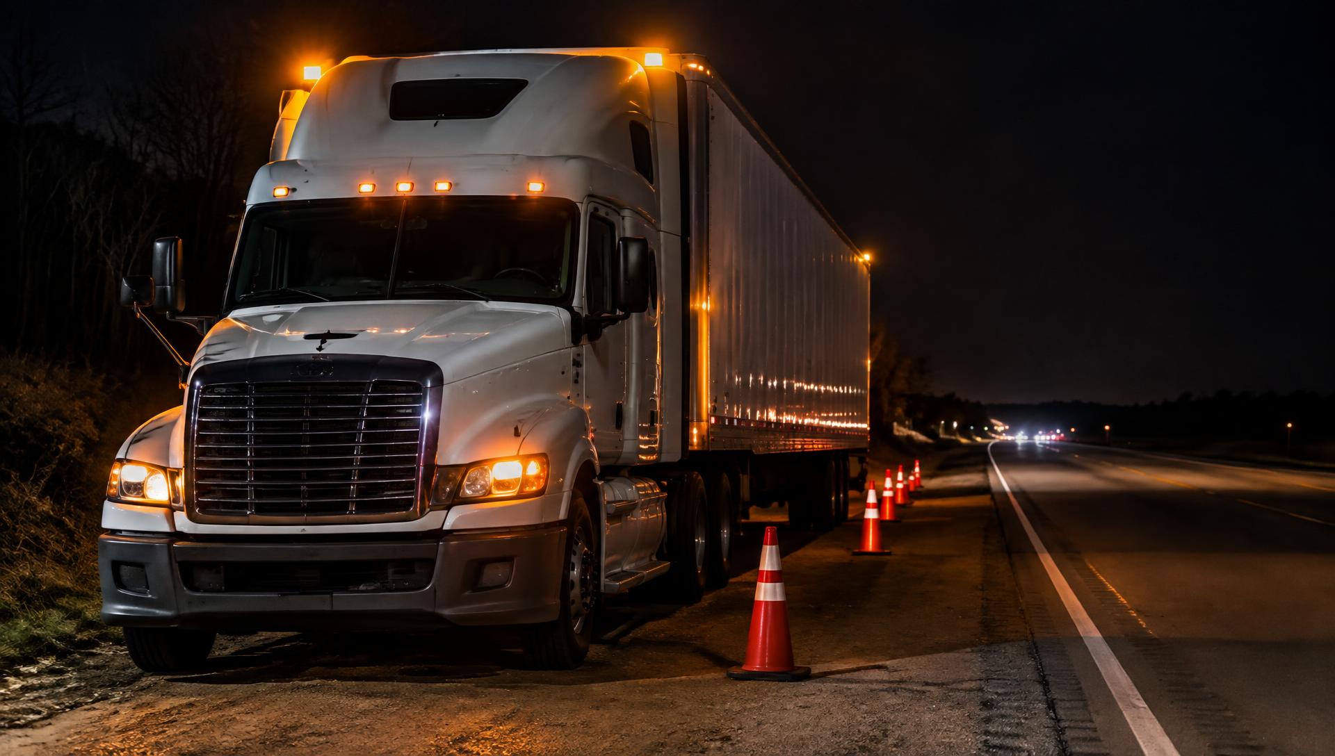 Semi-truck stopped on a roadside at night with hazard lights
